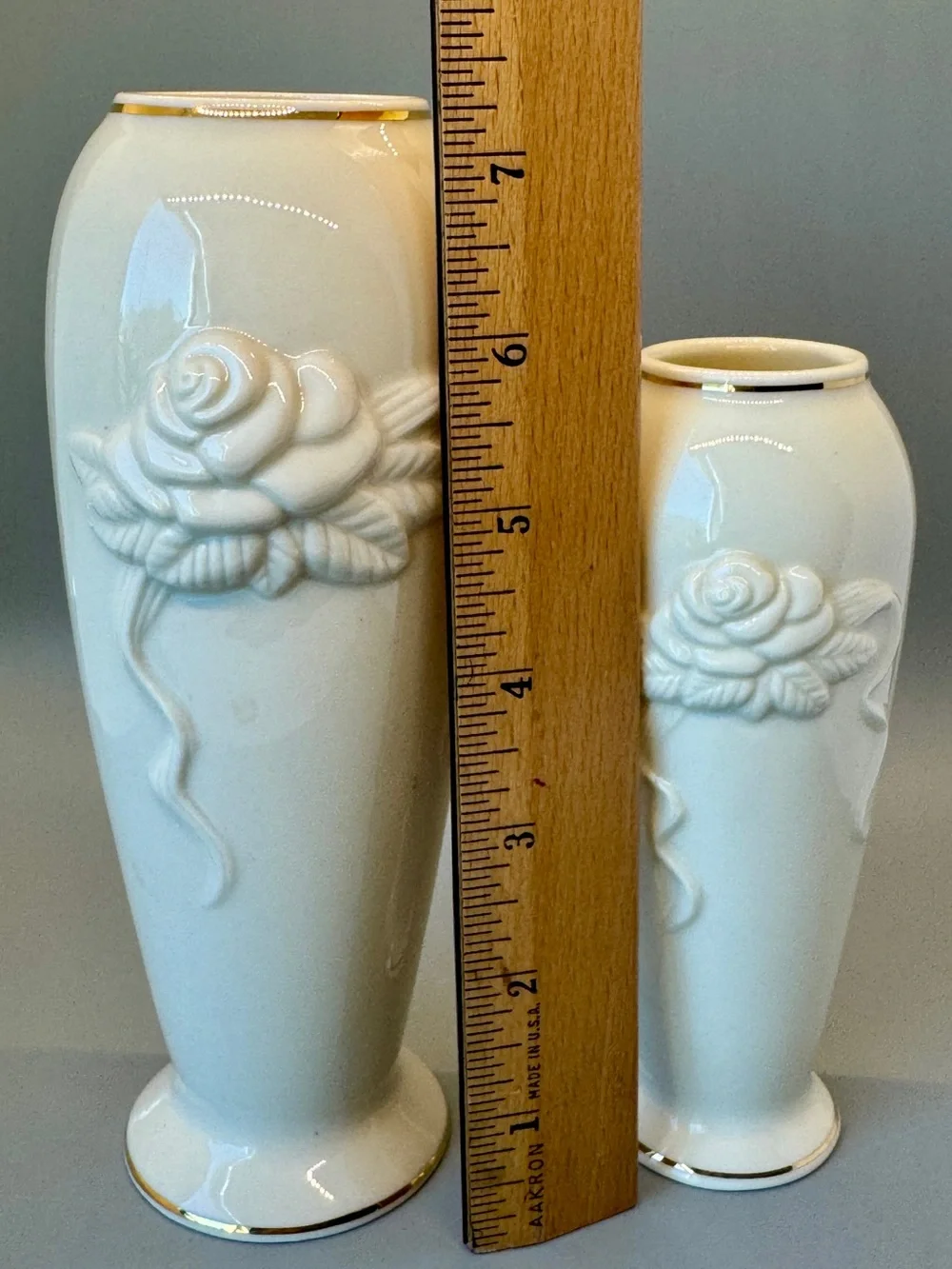 EUC vintage Lenox ivory porcelain bud vases w/embossed rose designs & gold trim